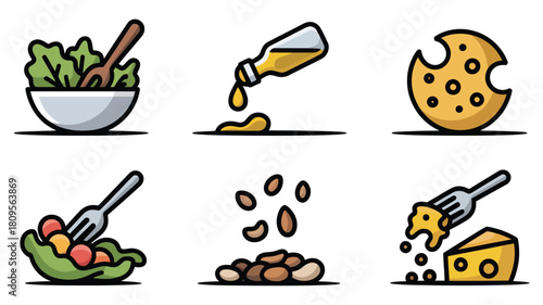 Diverse Salad Ingredients Flat Design Icon Set for Healthy Eating