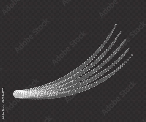 Abstract trail of white glowing particle flow moving in an arc