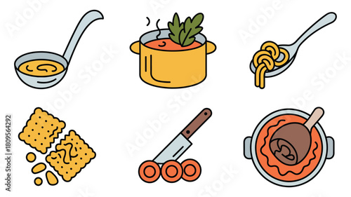 Soup and Crackers Flat Vector Design Meal Preparation Elements Set