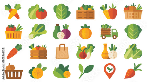 Variety of Colorful and Fresh Farm Products Flat Vector Icons