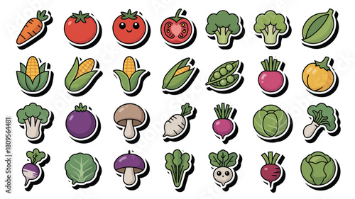 Variety of Fresh Cartoon Style Vegetables Isolated on White Background