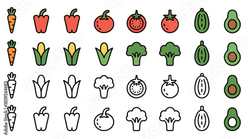 Variety of Healthy Colorful Vegetables Isolated on White Background Simple Line Art