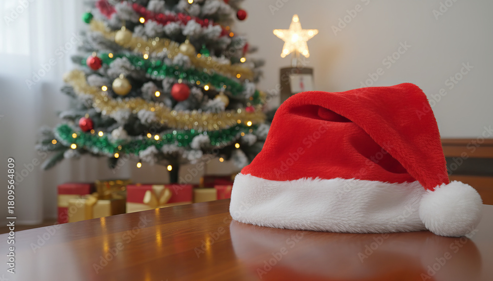 Fototapeta premium A fluffy Christmas Santa Claus hat resting on a modern living room table, positioned near a beautifully decorated Christmas tree