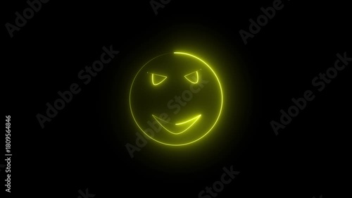 Neon yellow evil smiley face glowing on black background abstract animation sinister expression