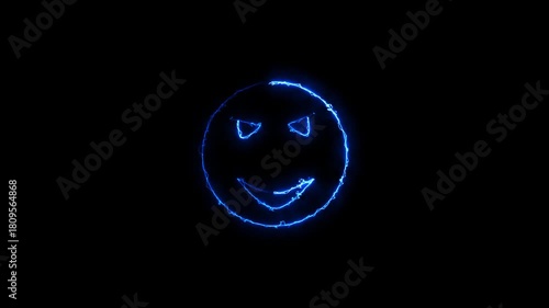 Evil Grinning Face Electric Blue Neon Outline Animation Black Background Sinister Smile Concept