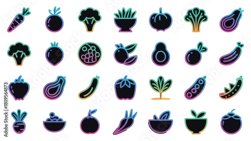 Vibrant Neon Gradient Vector Set of Vegetables and Plant Icons
