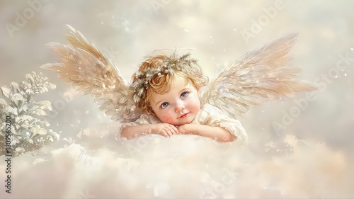 A charming little cherub angel in pastel colors. A Christmas image for greeting cards, stickers, or posters. Watercolor illustration.