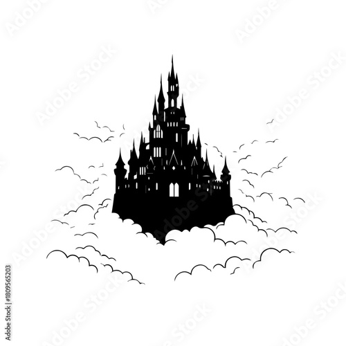 Mysterious castle in clouds