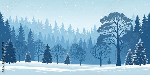 Vector christmas winter landscape with snow covered ground and a dense forest of pine and deciduous trees in blue tones