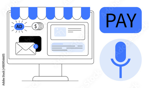 Desktop screen showcasing e-commerce storefront, digital ads, email notifications, payment options, and voice assistant. Ideal for online business, advertising, e-commerce, payment digital tools