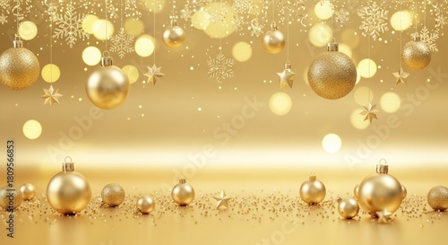 Golden Christmas ornaments and stars on a gold background with bokeh lights.