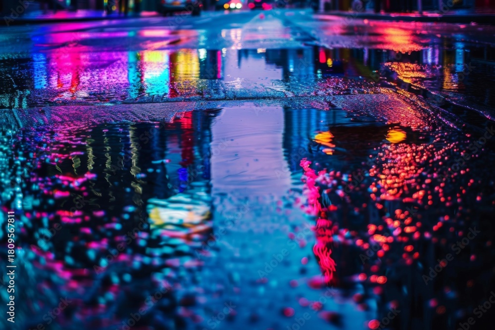 Obraz premium Colorful reflections on wet street at night