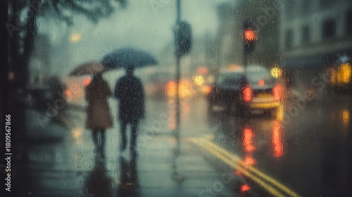 Couple walking in the rain with umbrellas on a city street.