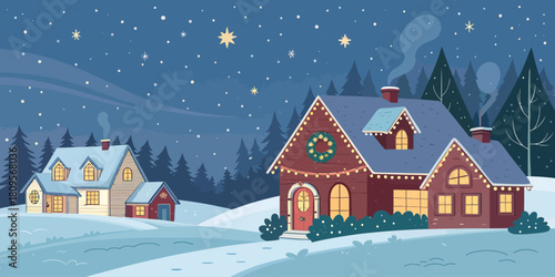 Vector christmas illustration of winter scene with snow covered houses decorated for christmas under a starry night sky