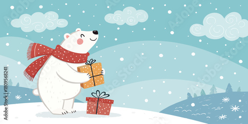 Vector christmas illustration of a polar bear wearing a scarf and holding gifts in a snowy winter landscape scene