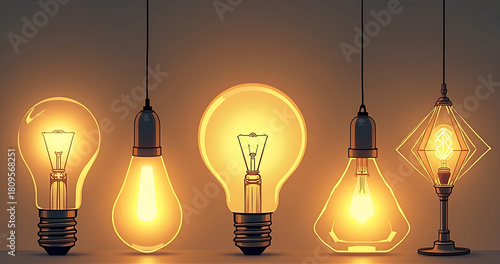 A variety of light bulbs of different shapes and sizes, all lit and emitting a warm glow