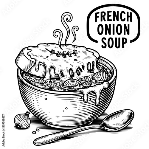 A black and white hand-drawn illustration of a steaming bowl of classic French onion soup with melted cheese and a spoon.