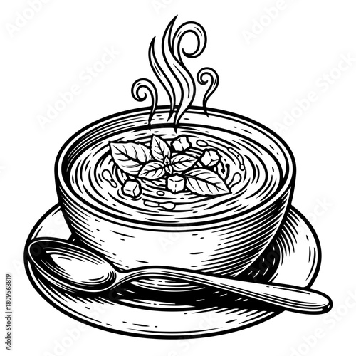 A hand-drawn, vintage-style illustration of a steaming hot bowl of soup with a basil garnish, resting on a saucer with a spoon.