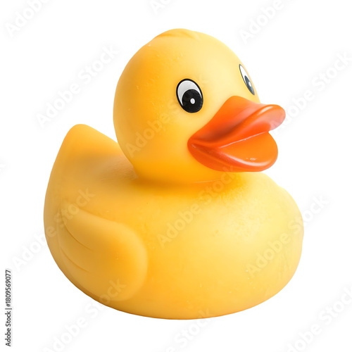 Yellow rubber duck toy with orange beak isolated on transparent background