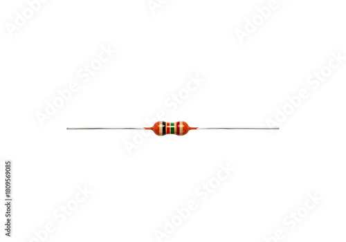 Electronic resistor component with color bands for circuit board isolated on transparent background