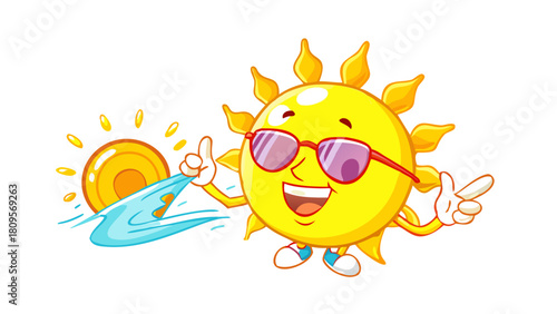 Cute cheerful yellow sun cartoon character set contoured vector flat illustration. Funky comic summer sunlight sunshine vacation mascot with signboard promo surf relax greeting hi hello .icon