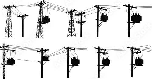 Silhouette vector collection of electric power lines, high voltage towers, and utility poles with transformers for industrial energy distribution.