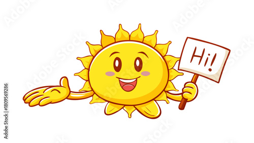 Cute cheerful yellow sun cartoon character set contoured vector flat illustration. Funky comic summer sunlight sunshine vacation mascot with signboard promo surf relax greeting hi hello .icon