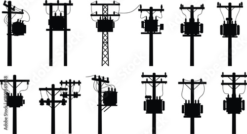 Silhouette vector set of electric poles, transformers, and overhead cables for energy transmission grid design.