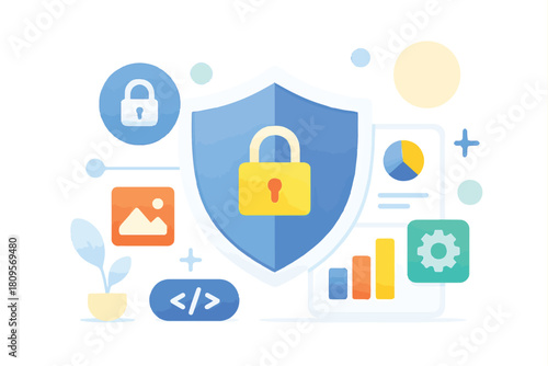Digital Security and Data Protection Icons with Shield, Padlock, and Graphs