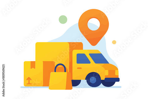 Yellow delivery truck with packages and shopping bag, geolocation pin indicating destination, representing logistics and shipping services