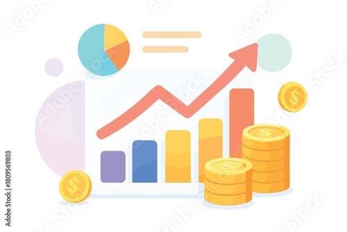 Financial growth and investment success represented by a rising bar graph, stack of coins, and pie chart illustrating economic progress
