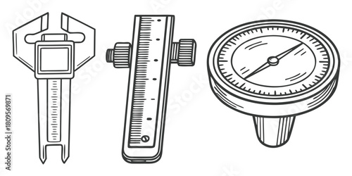 Three precision measuring instruments, including a caliper, a ruler with a slider, and a gauge.