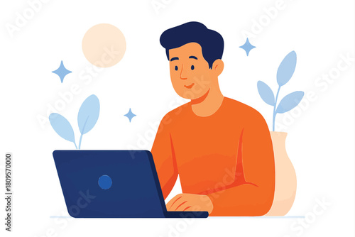 Young man working on a laptop, surrounded by plants, with a bright sun and sparkling stars in the background