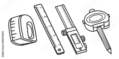 A collection of measuring tools including a ruler, caliper, and tape measure.