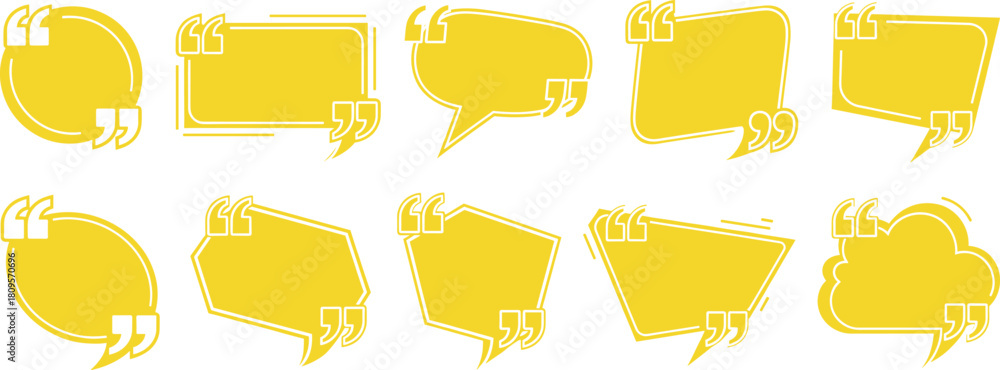 Obraz premium Vector Collection of Yellow Quote Boxes and Speech Bubbles with Double Quotation Marks in Diverse Shapes for Highlighting Testimonial Text and Important Messages.