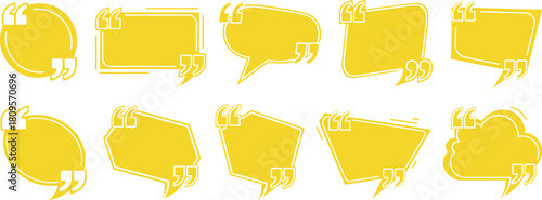 Vector Collection of Yellow Quote Boxes and Speech Bubbles with Double Quotation Marks in Diverse Shapes for Highlighting Testimonial Text and Important Messages.