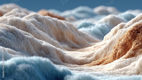 An abstract texture of soft, undulating forms in white and tan resembles frost-covered sand dunes, featuring sharp foreground detail and a blurred background for a cold, minimalist aesthetic.