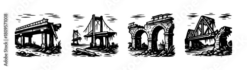 Ruined bridges vintage style engraving icons, destroyed structure set