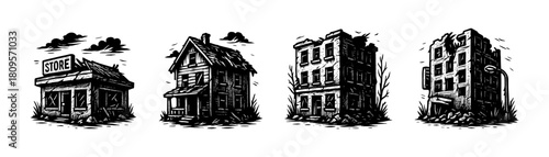 Abandoned buildings vintage style engraving icons, post apocalypse set