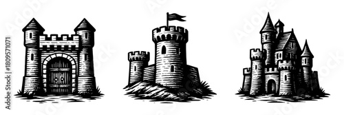 Fantasy castles vintage style engraving icons, medieval fortress set