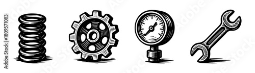 Mechanical parts vintage style engraving icons, workshop tool set