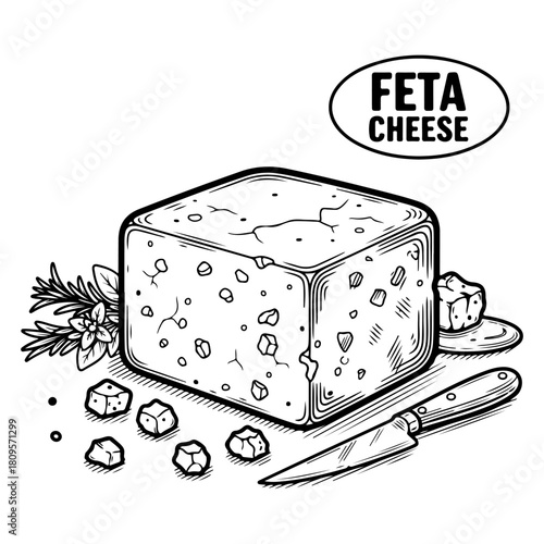 Hand-drawn black and white illustration of a block of feta cheese, with fresh herbs, crumbles, and a knife in a vintage sketch style.