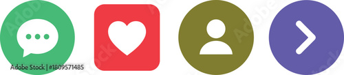 Vibrant, rounded vector buttons illustrating essential social networking actions, such as commenting, liking content, and accessing user accounts.
