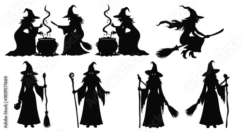 Spooky Halloween witches casting spells and flying on broomsticks silhouettes for invitations and party decorations for a magical touch this fall season
