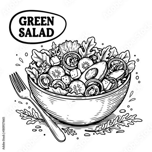 A detailed black and white hand-drawn illustration of a fresh green salad in a bowl with a fork.
