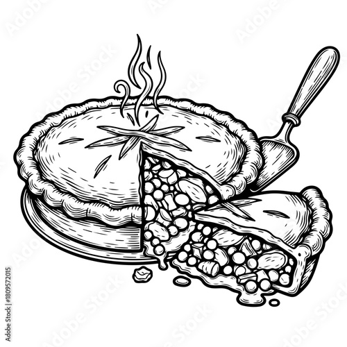 A hand-drawn, vintage-style illustration of a steaming hot pie with a slice cut out and served on a lifter.