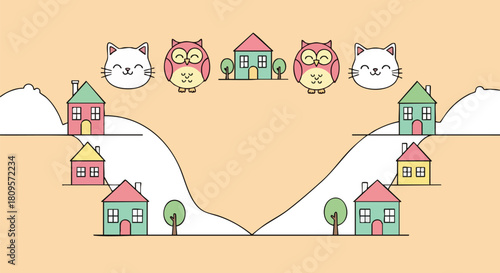 Adorable cartoon neighborhood illustration featuring happy cats, owls, and colorful houses for children's books and educational materials with a whimsical feel