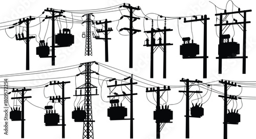 Vector silhouette collection of electric power lines, transmission towers, and utility poles with transformers for industrial energy distribution grid.