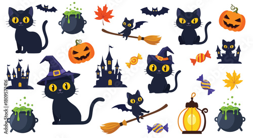 Spooky Halloween season with adorable black cats, bubbling cauldrons, and haunted castles create a fun, festive atmosphere for trick or treating designs