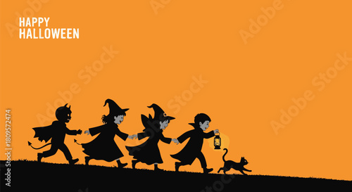 Spooky Halloween night illustration of kids trick or treating in costumes with a black cat, perfect for holiday cards and festive designs